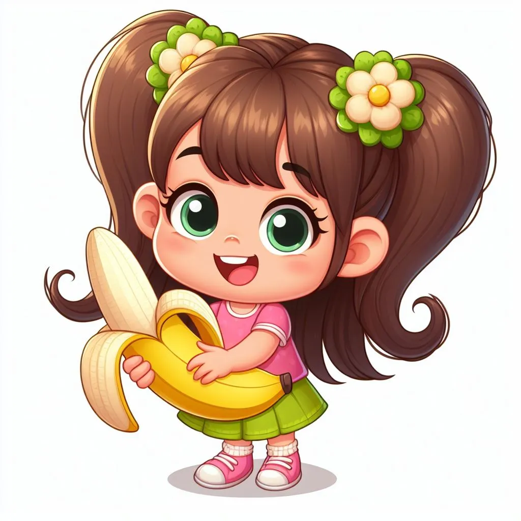 a little girl holding a banana and smiling