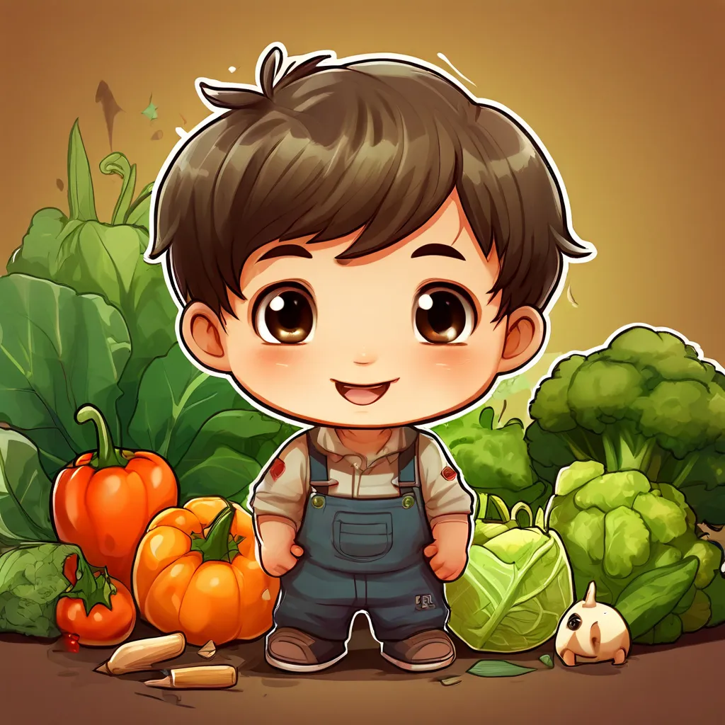 a little boy standing in front of a pile of vegetables