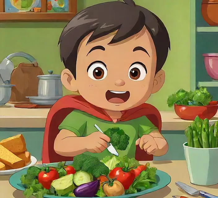 a boy sitting at a table with a plate of vegetables