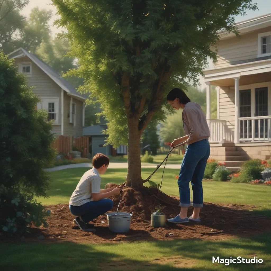 a man and a woman are working on a tree, sun rays, detailed. cinematically dramatic, hyper realistic, cinematic view, stability