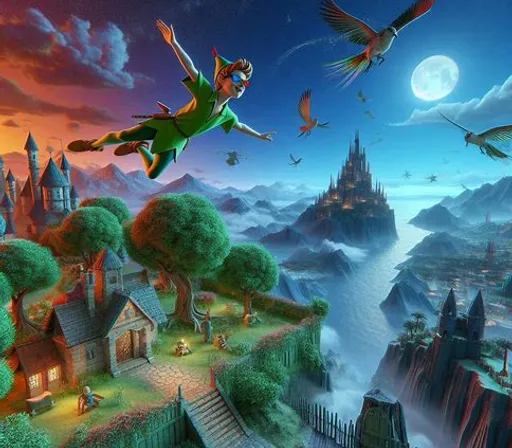 a painting of a fairy flying over a town