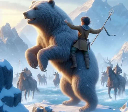 a man riding on the back of a giant bear