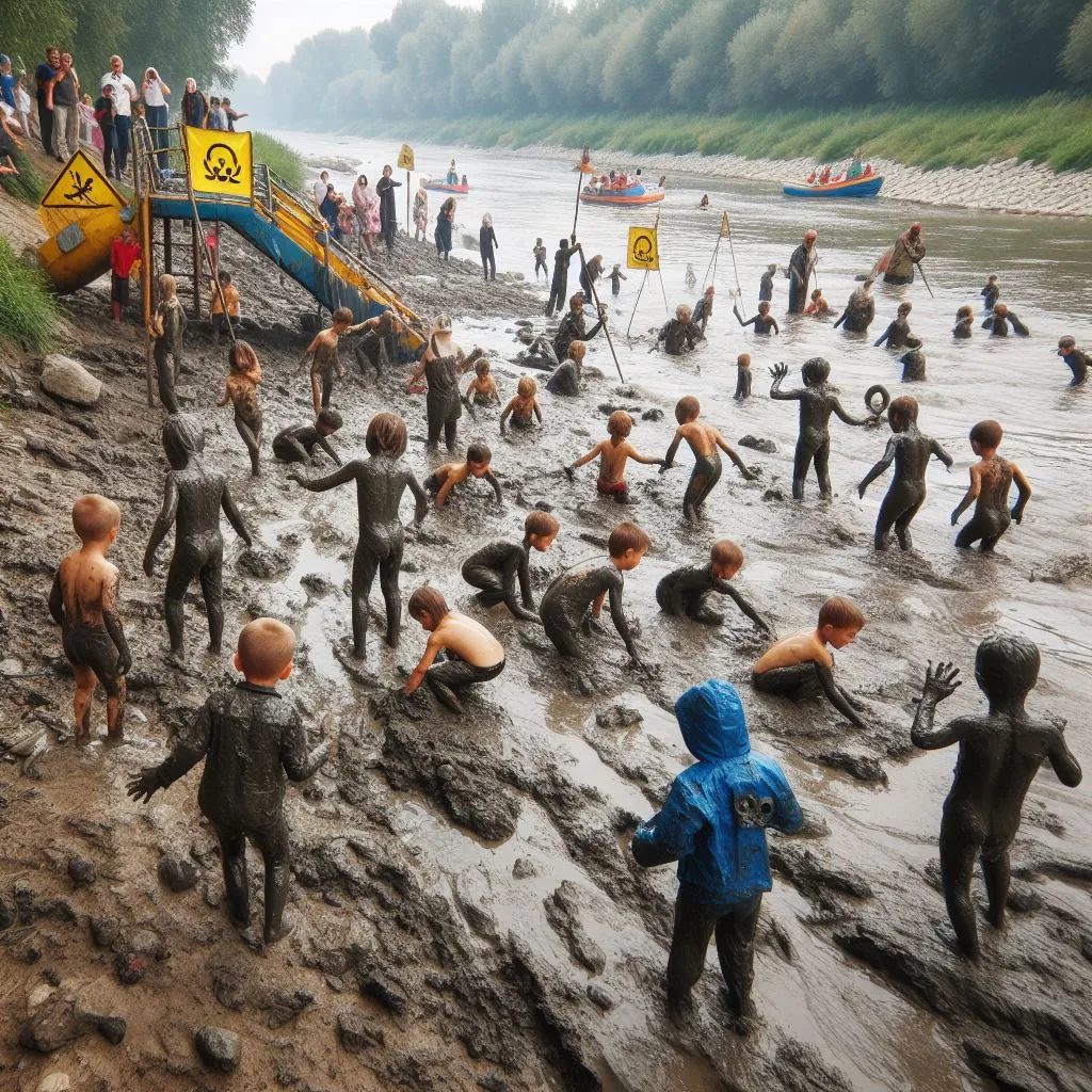 a group of people in mud suits playing in a river