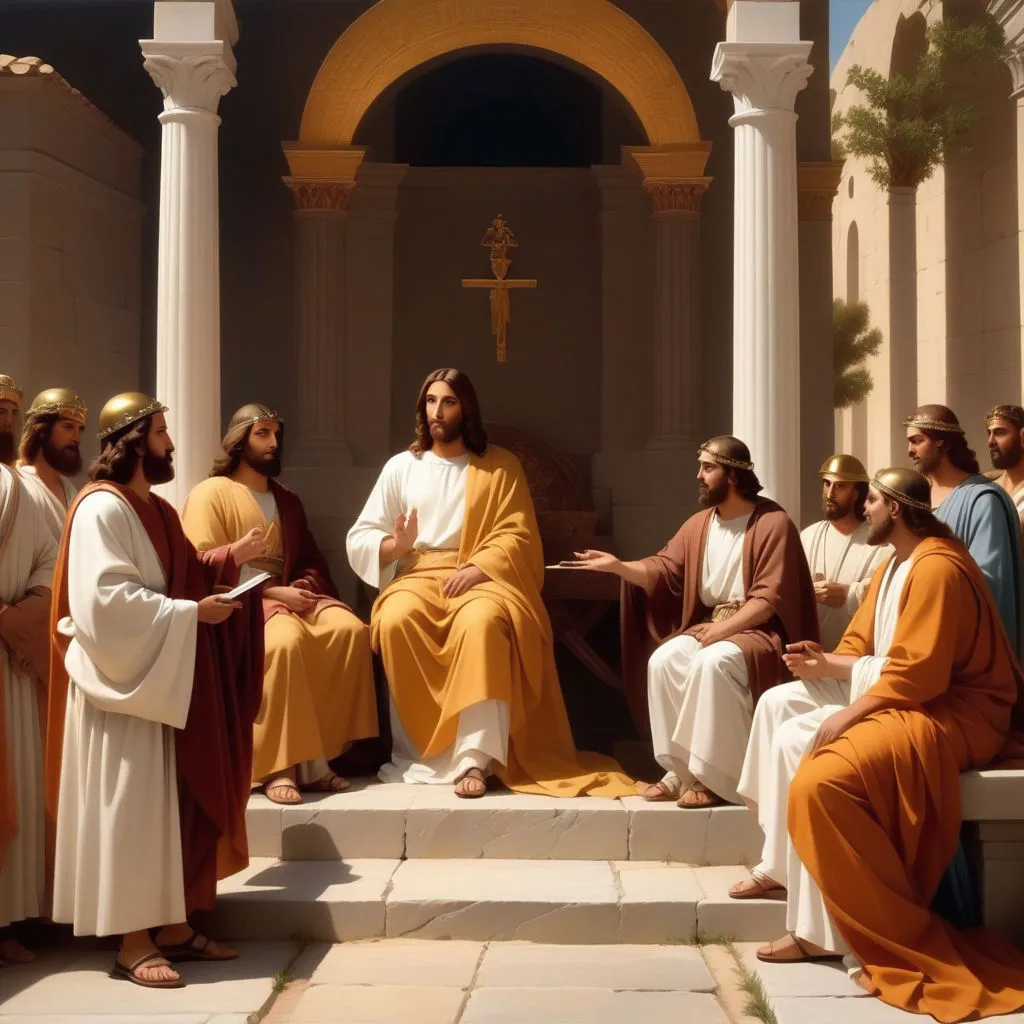 a painting of jesus sitting in front of a group of people