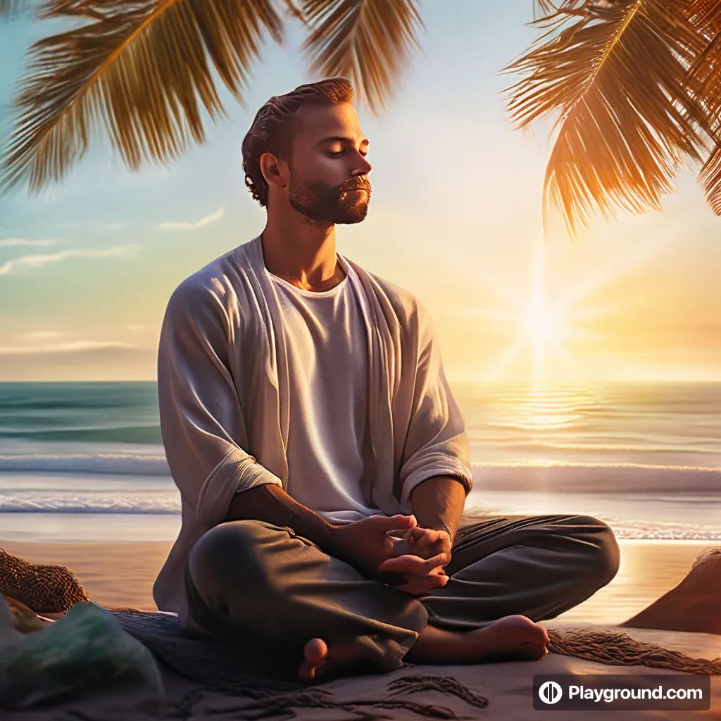 a man meditating on the beach with palm trees in the background