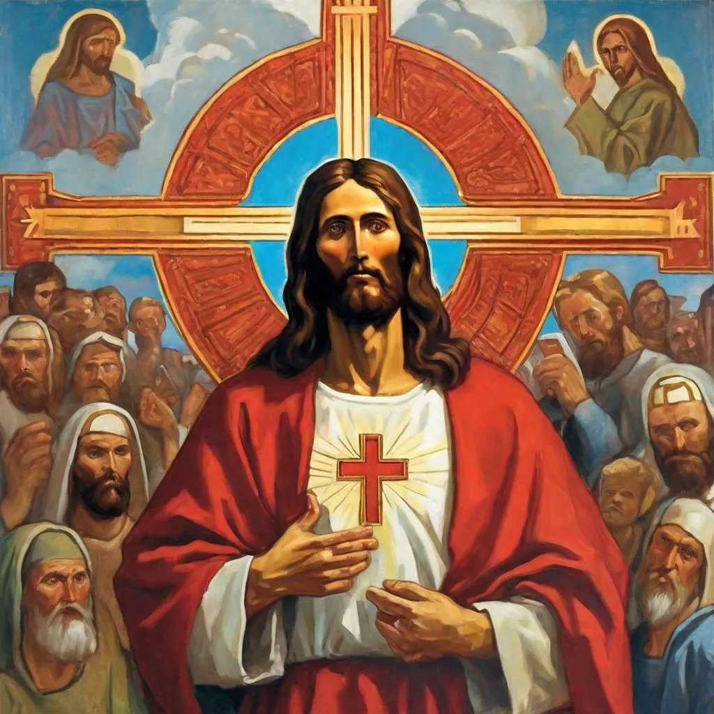 a painting of jesus holding a cross in front of a group of people