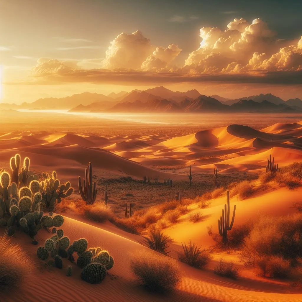 a painting of a desert scene with cacti and mountains，1080*2060p