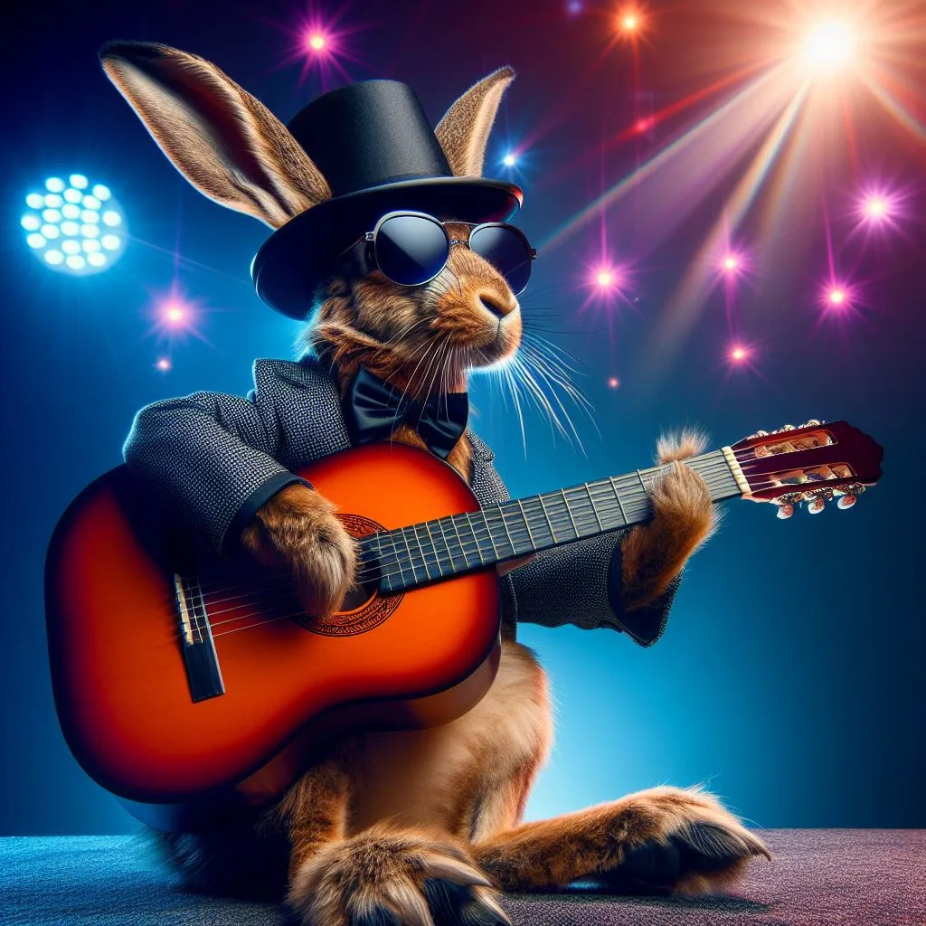 a rabbit in a top hat and sunglasses playing a guitar