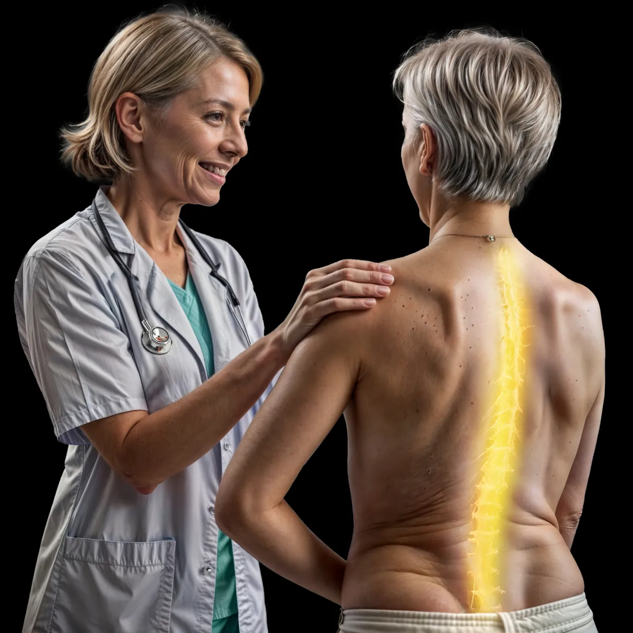 a woman with a stethoscope examining a woman's back