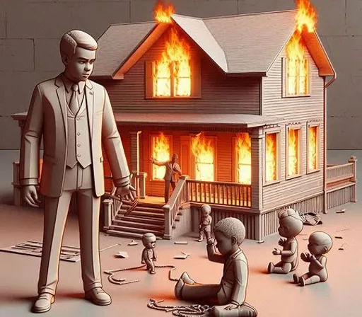 a man standing in front of a house on fire