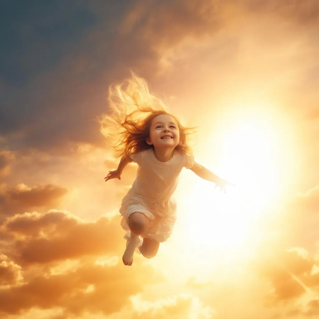 a little girl is flying through the air