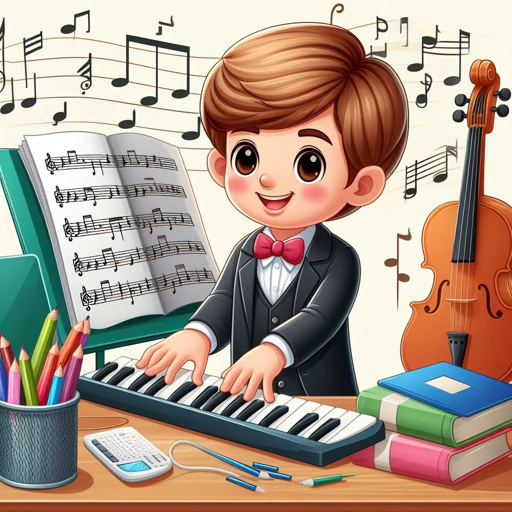 a boy playing a keyboard in front of musical notes