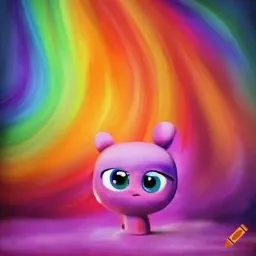 a painting of a little pink monster with a rainbow background