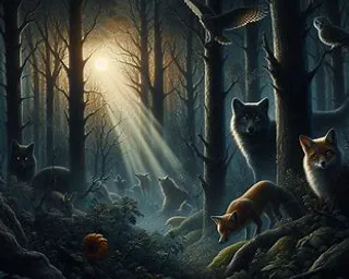 a painting of some animals in a forest