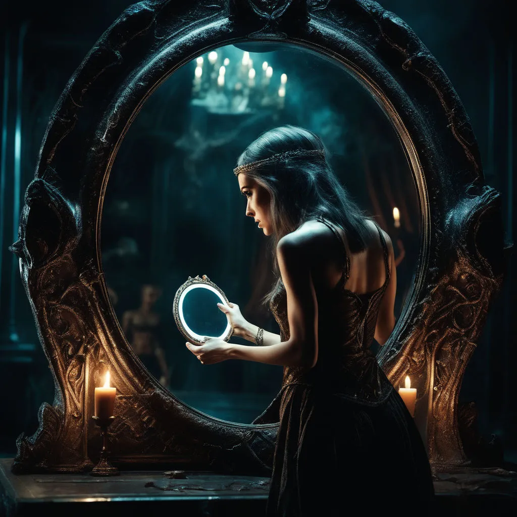 a woman holding a mirror in front of a mirror