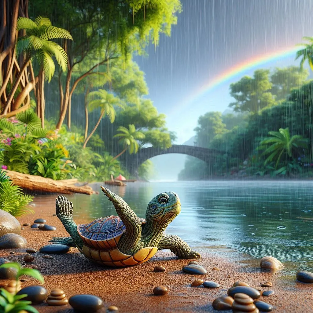 a painting of a turtle on a beach with a rainbow in the background