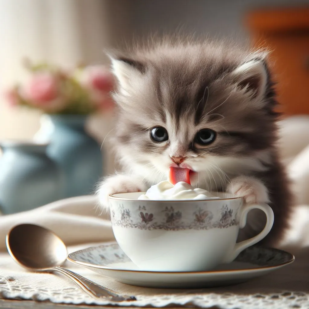 a small kitten drinking out of a teacup