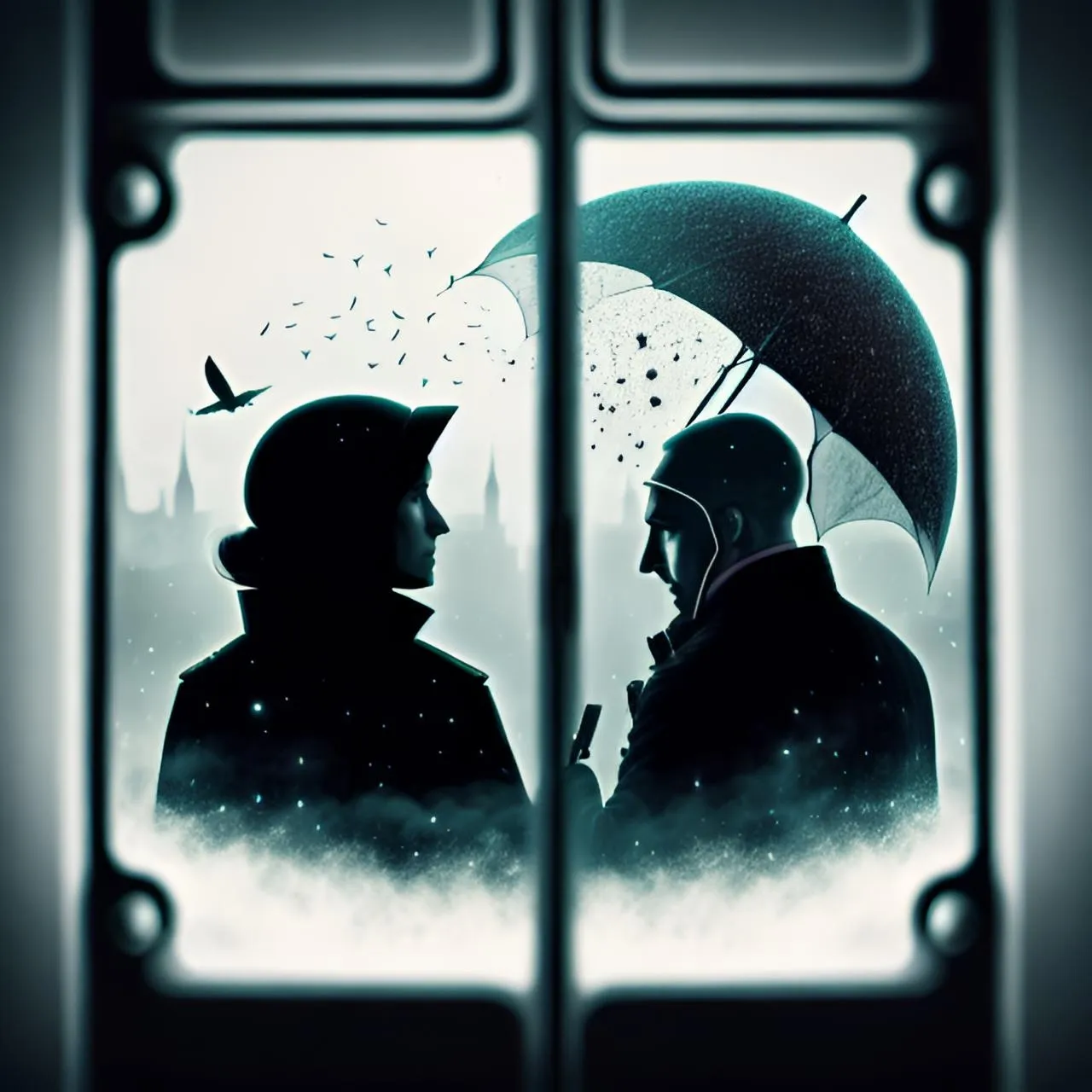 a couple of men standing next to each other under an umbrella