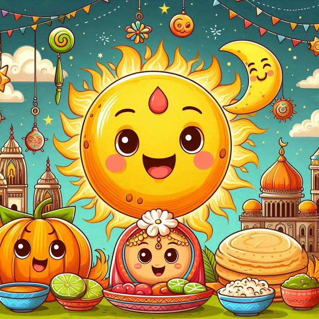 a cartoon sun with a baby in a bowl surrounded by food