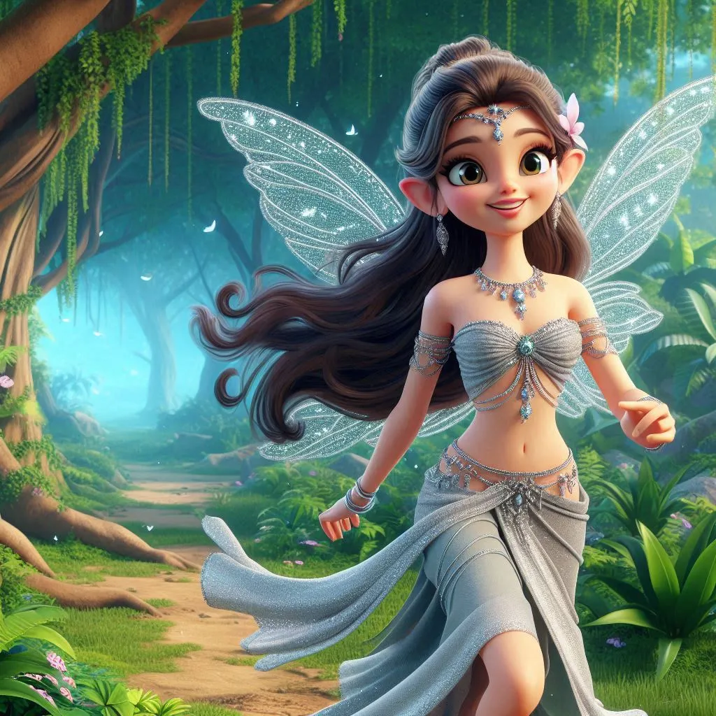 a  smiing  beautiful fairy  with long hair wearing silver color saree smiing and walking  bare foot  in jungle 3D animation cartoon  zoom out 