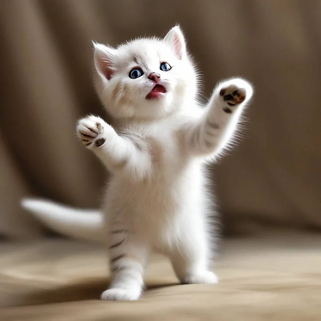 a small white kitten standing on its hind legs  The background is stationary. The cat is dancing