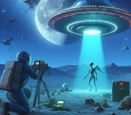 a man taking a picture of an alien with a camera