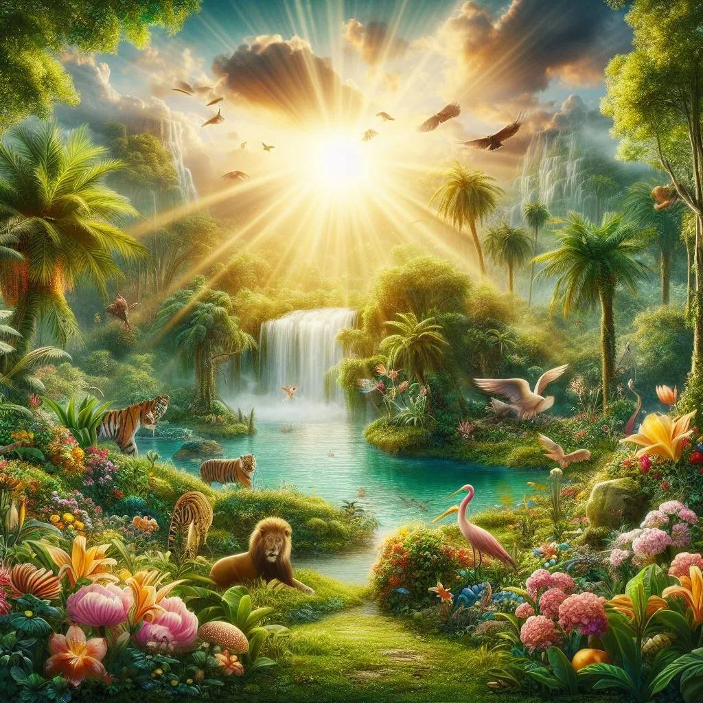 a painting of a jungle scene with animals and a waterfall