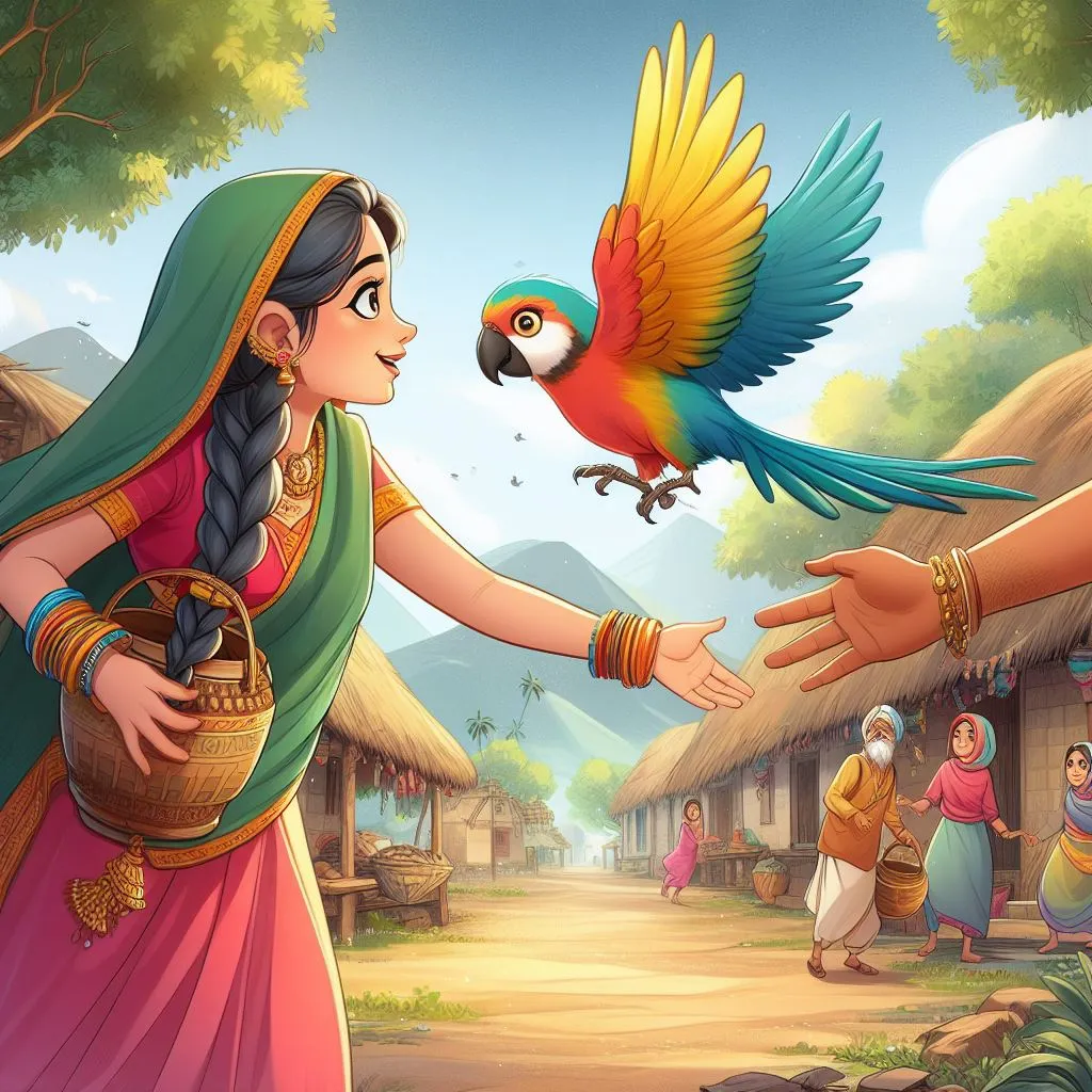 a painting of a woman where parrot is flying away from her hand