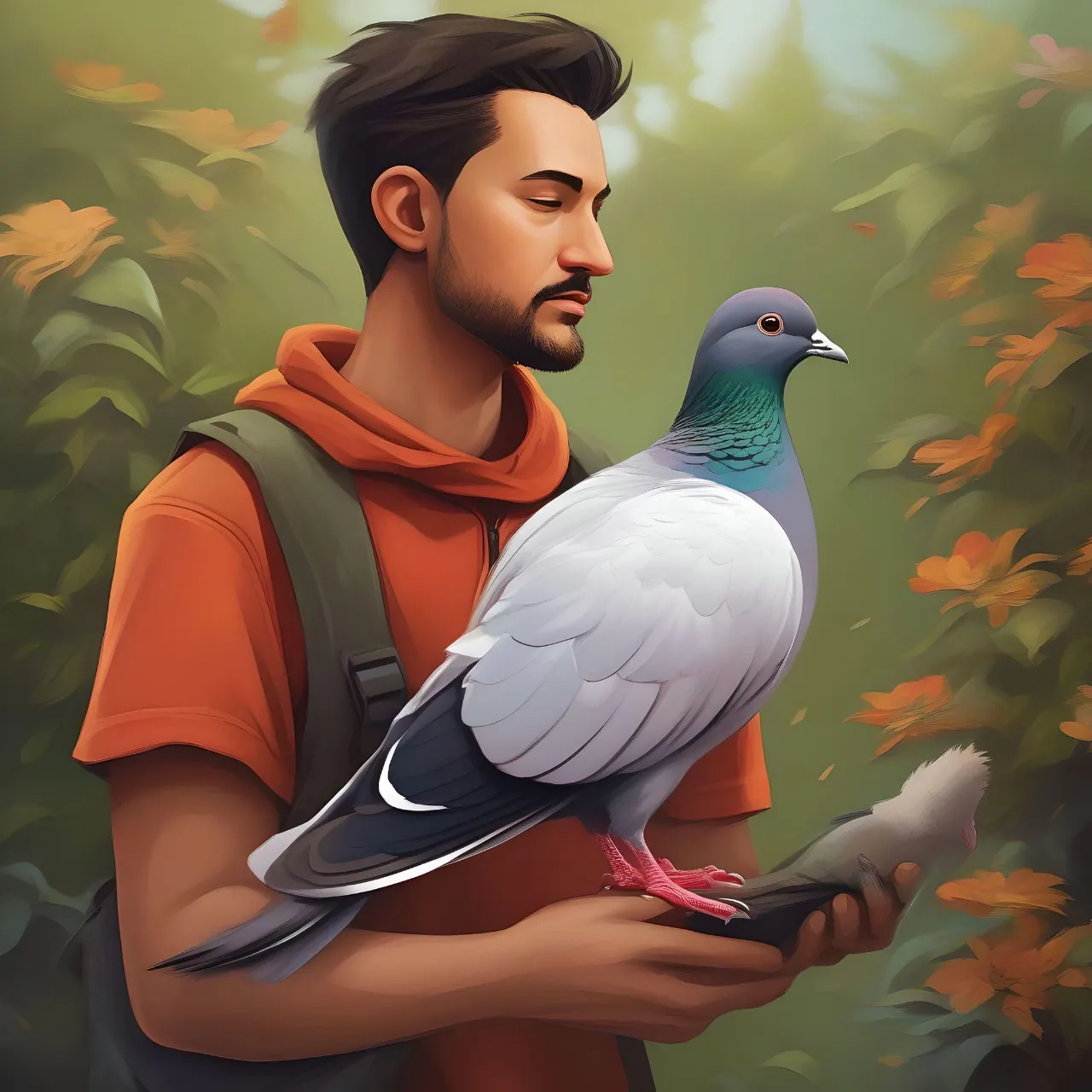 a painting of a man holding a bird