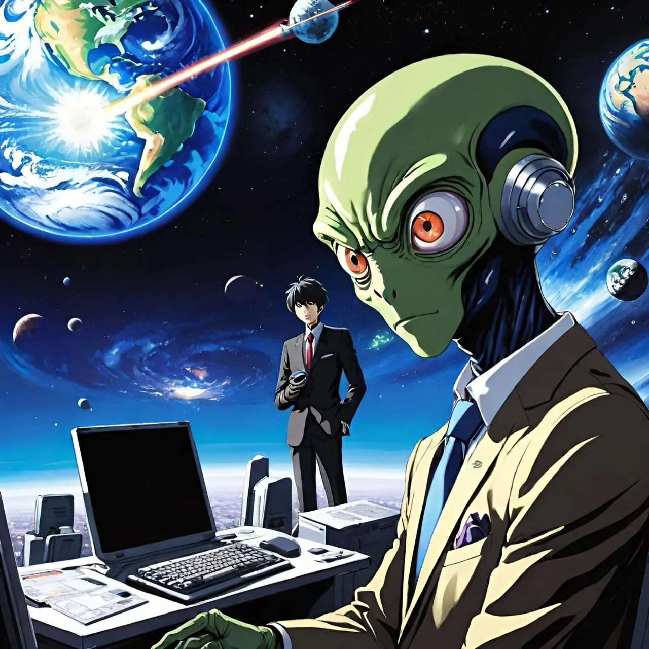 blue, laptop, cartoon, art, technology, font, astronomical object, space, fictional character, illustration