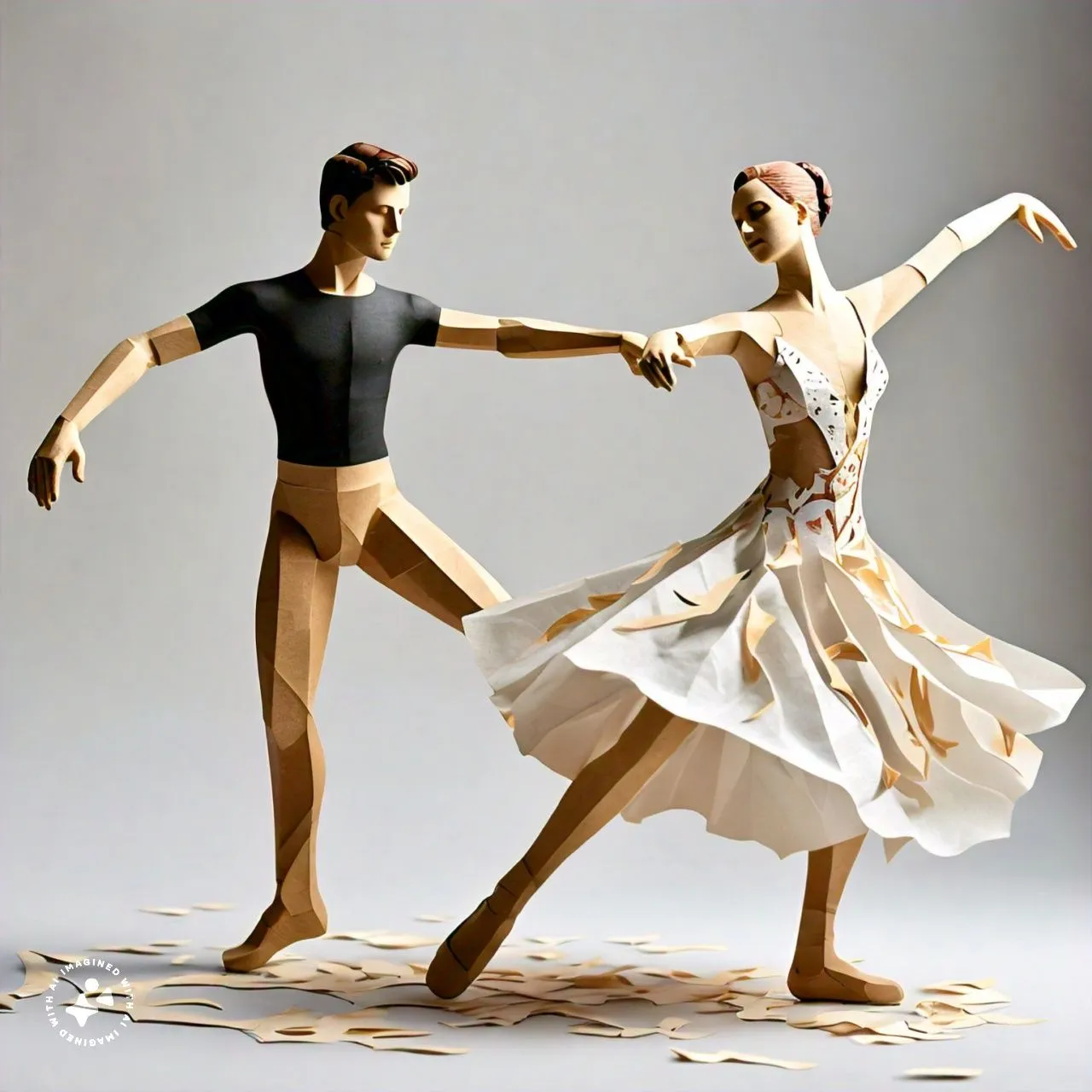 A couple made of newspaper dancing tango beneath a giant paper moon.