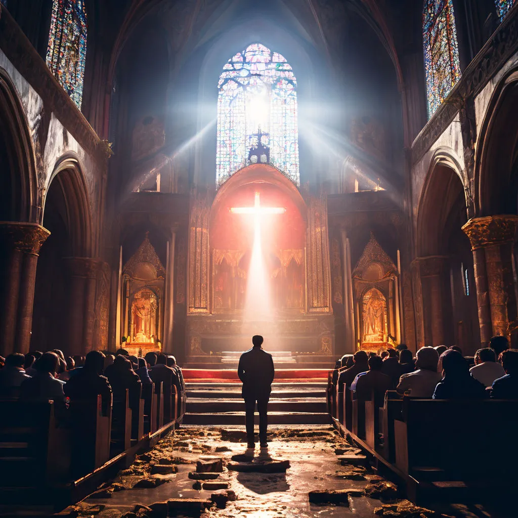 a man standing in front of a cross in a church