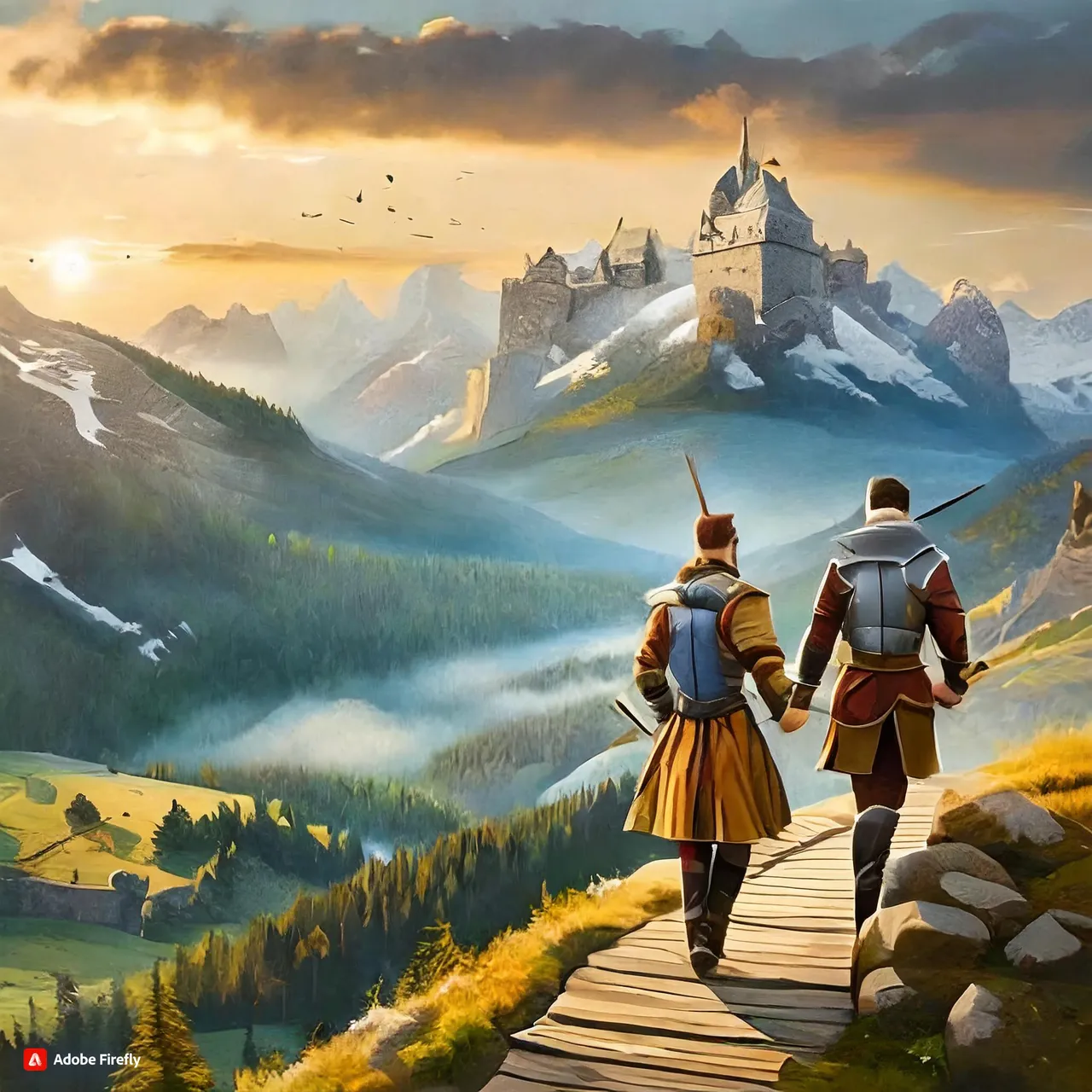 a painting of two people walking down a path towards a castle