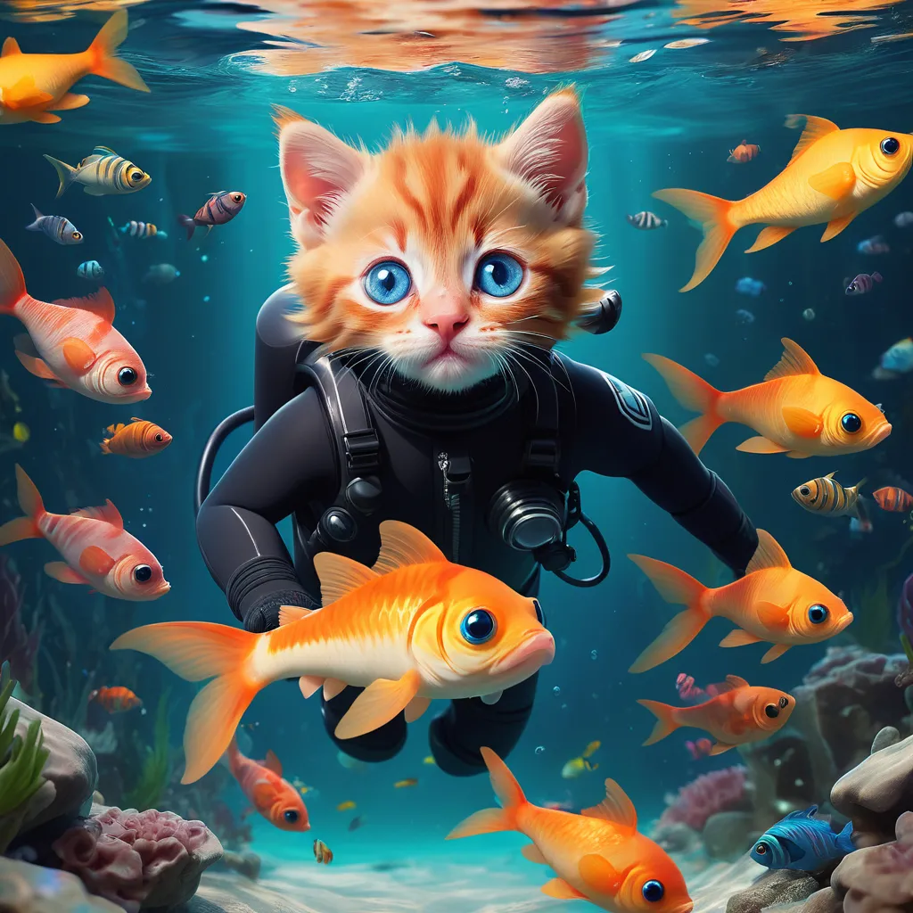 a painting of a cat in a scuba suit surrounded by fish