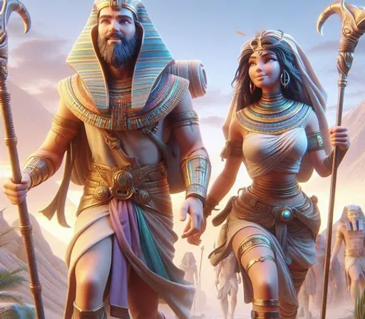 a man and a woman dressed in egyptian costumes