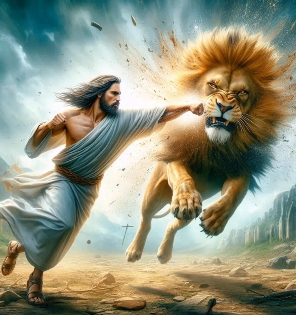 a god fighting versus lion