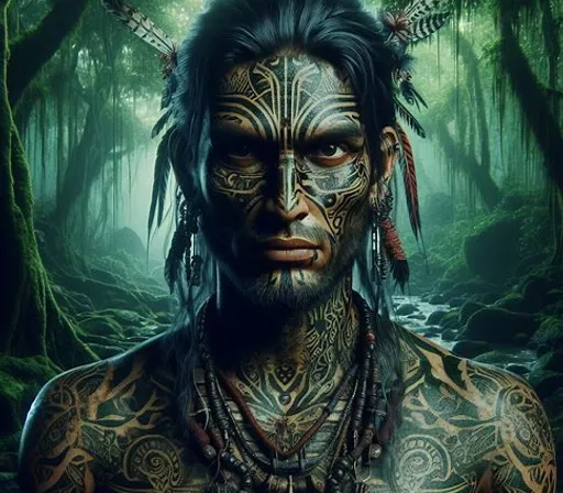 a man with tattoos on his face in the woods