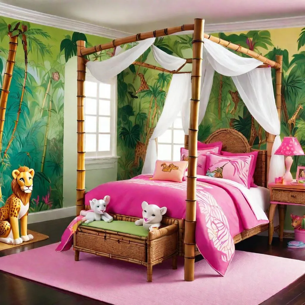 Canopy bed in a candyland; pink and green lollipops and sweets everywhere; barbies walking around in candy-inspired outfits.