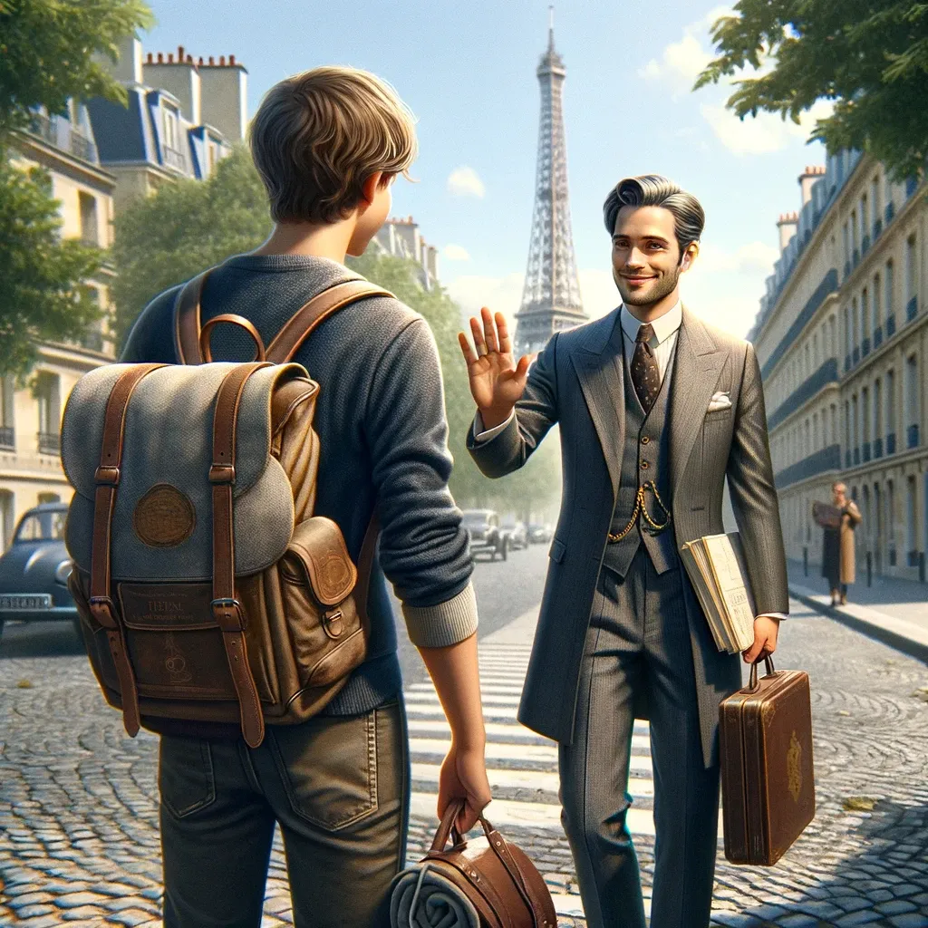 a man in a suit and tie walking down a street and say hi to a student