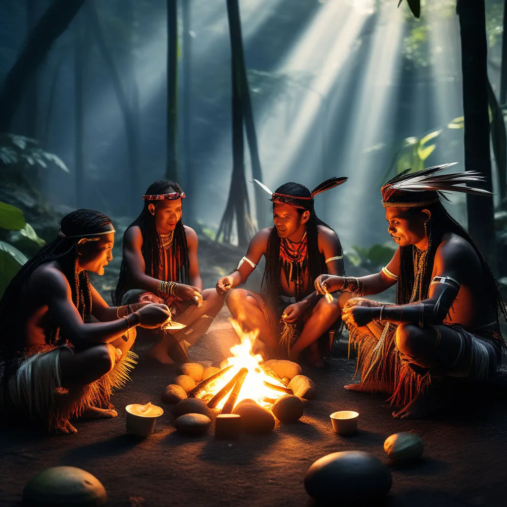 a group of native americans sitting around a campfire