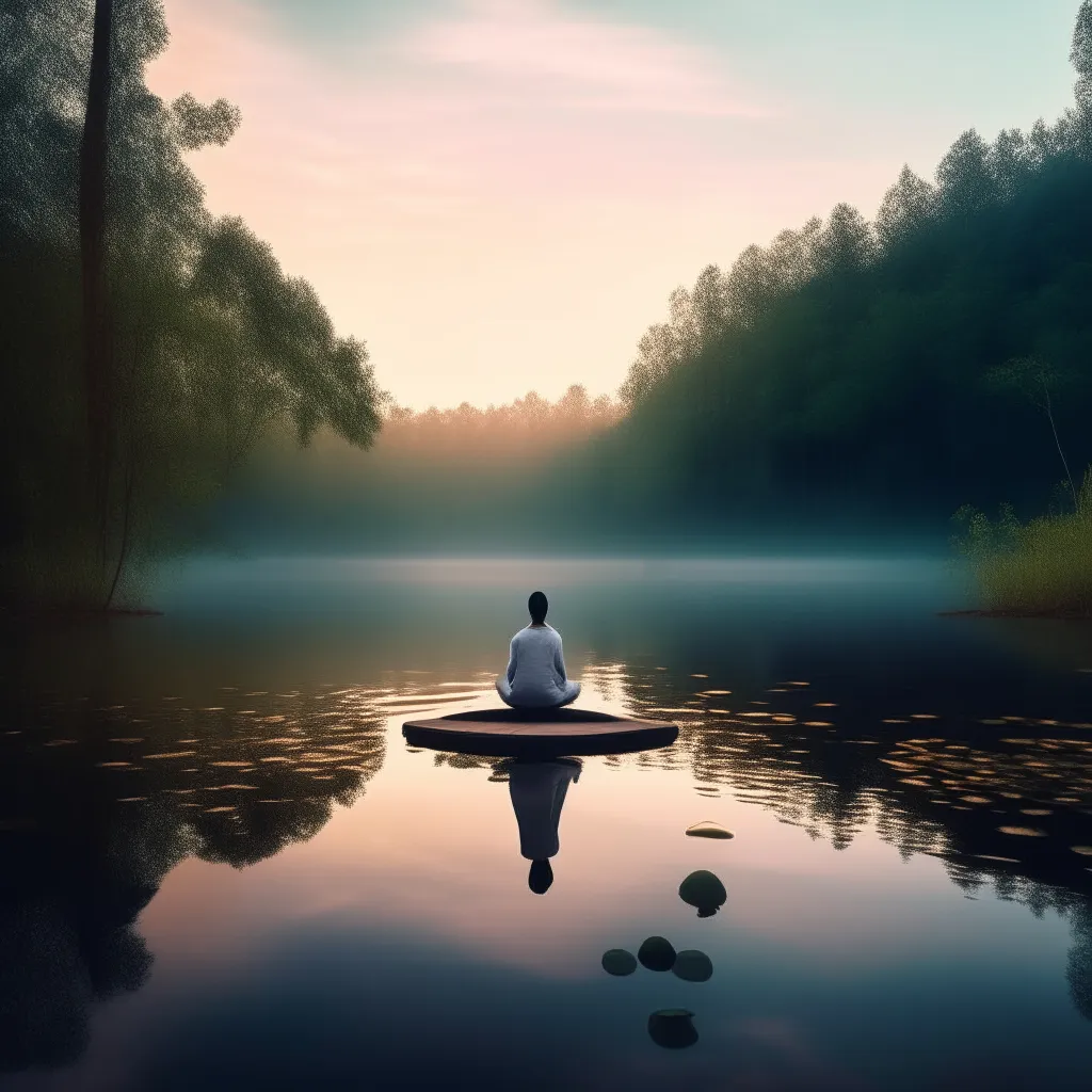 a person sitting on a rock in the middle of a lake