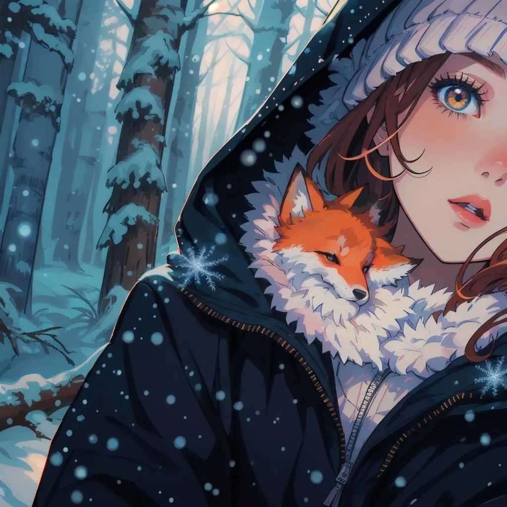 a woman in a hooded jacket with a fox on her shoulder