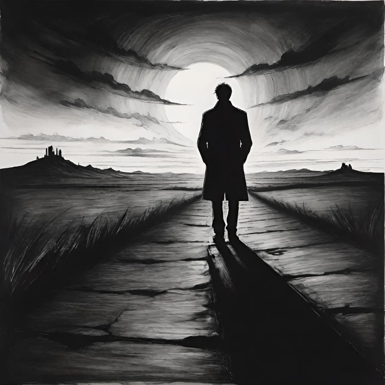 a painting of a man standing in the middle of a road