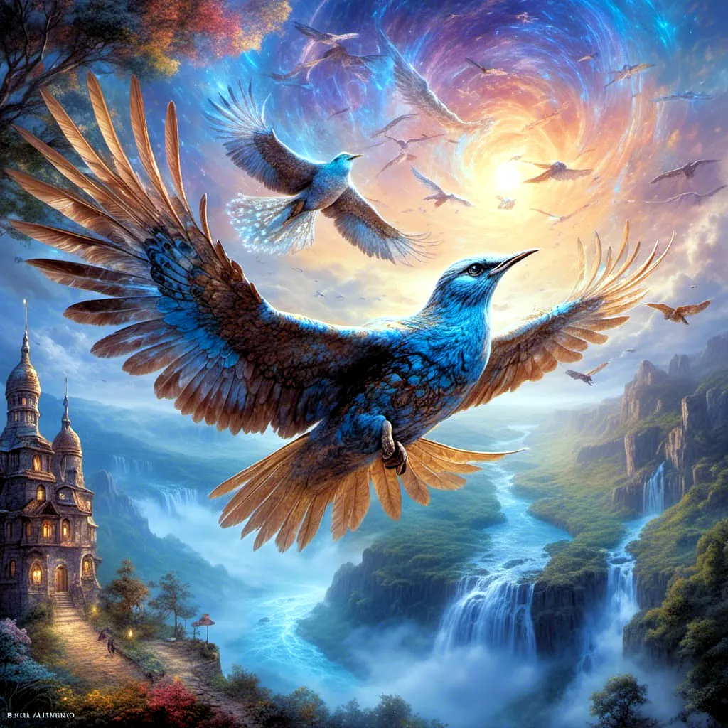 a painting of a bird flying over a waterfall