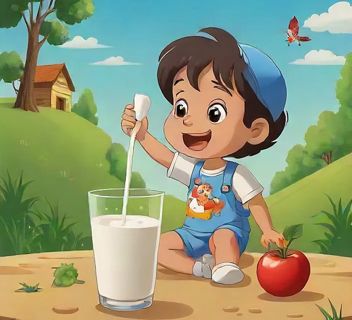 a little boy holding a straw and a glass of milk