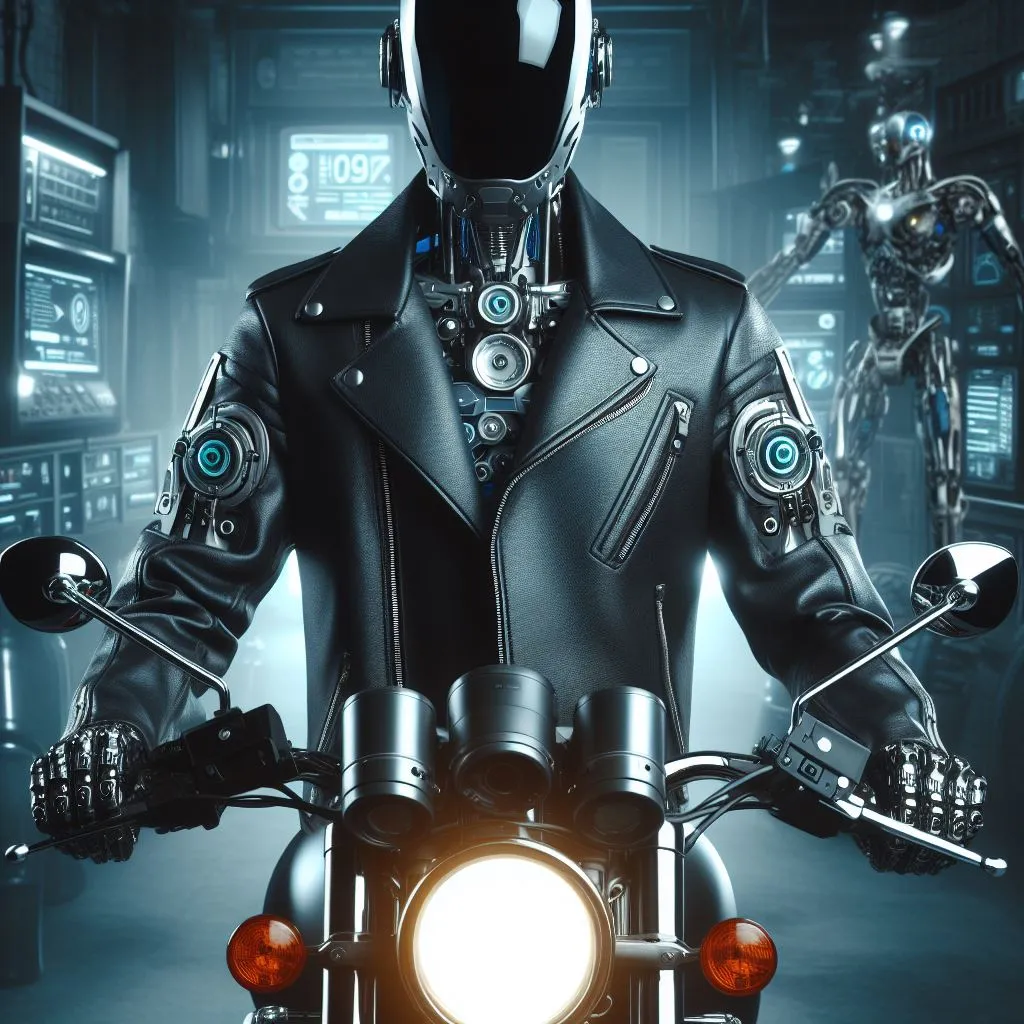 a man in a leather jacket riding a motorcycle