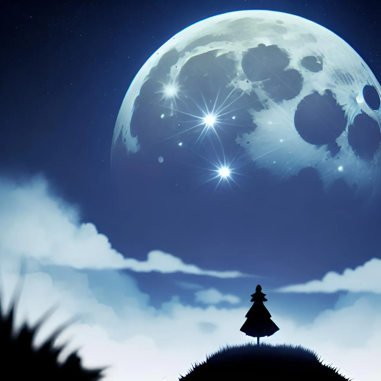 a person standing on top of a hill under a full moon