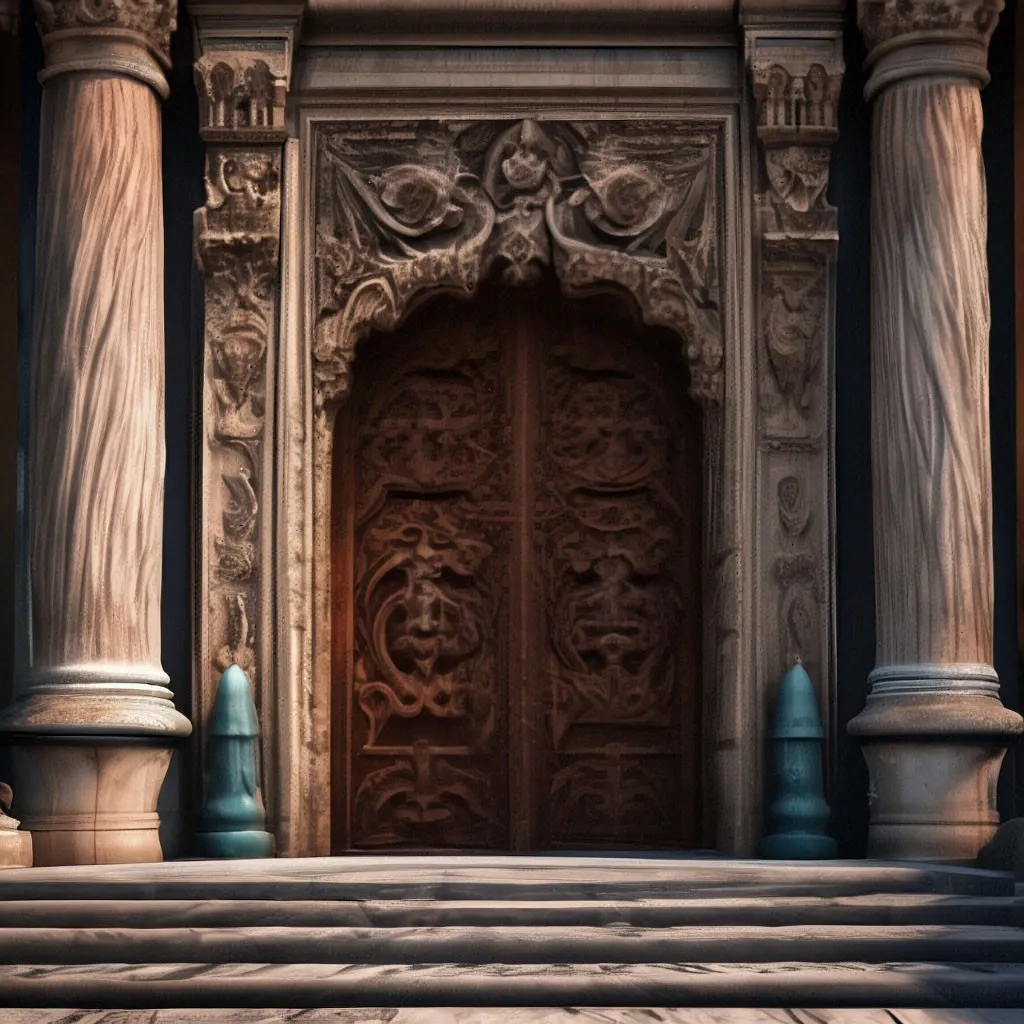 a large wooden door sitting inside of a stone building