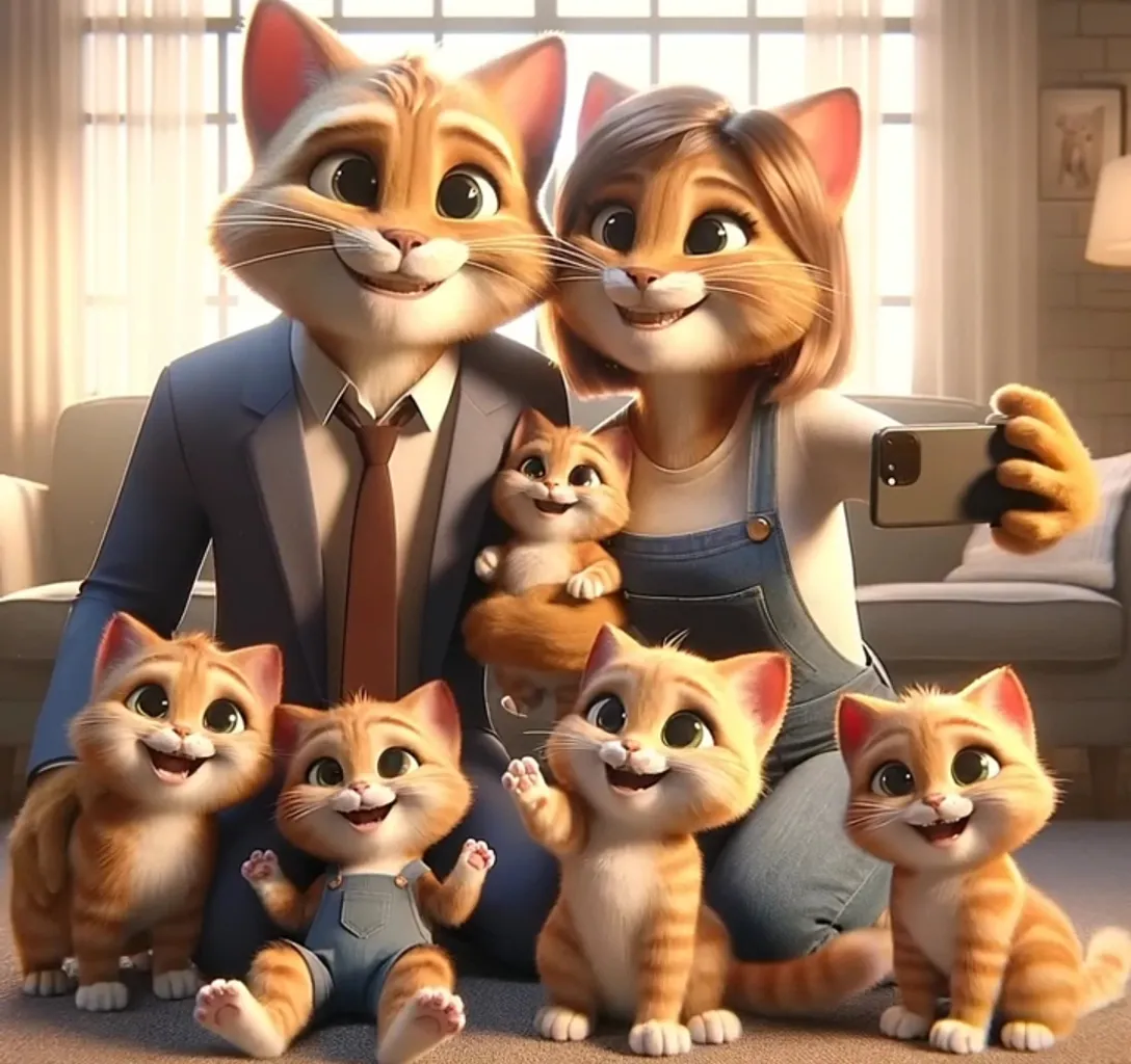 a cartoon picture of a family of cats