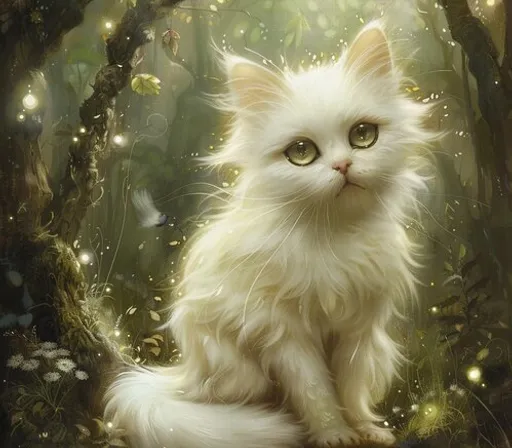 a white cat sitting in the middle of a forest